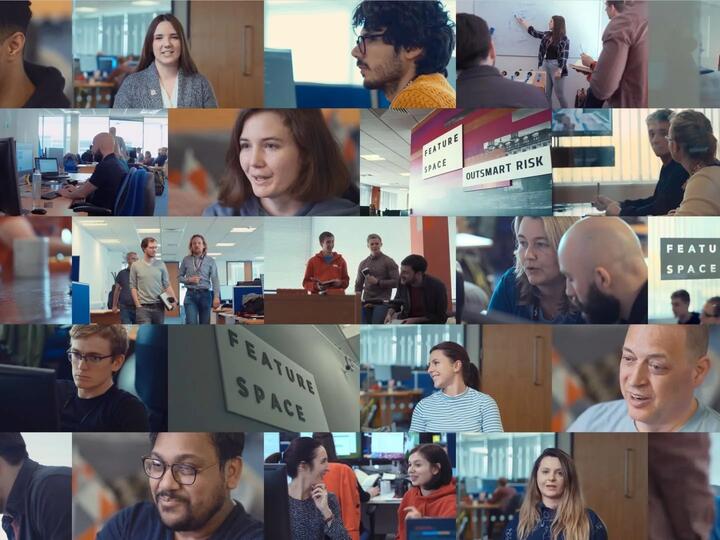 Collage of employees working, collaborating, and talking in Featurespace offices.