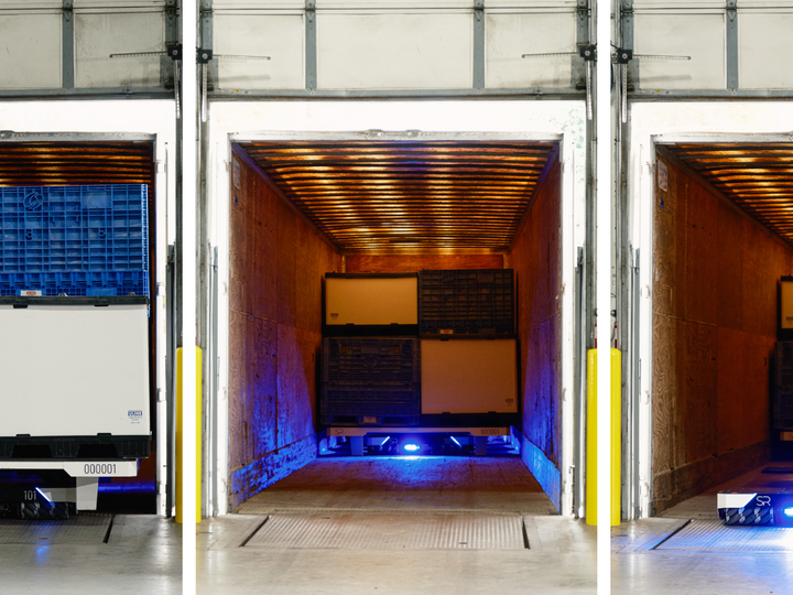Three views shows a robot moving a loaded cargo tray into a truck trailer.