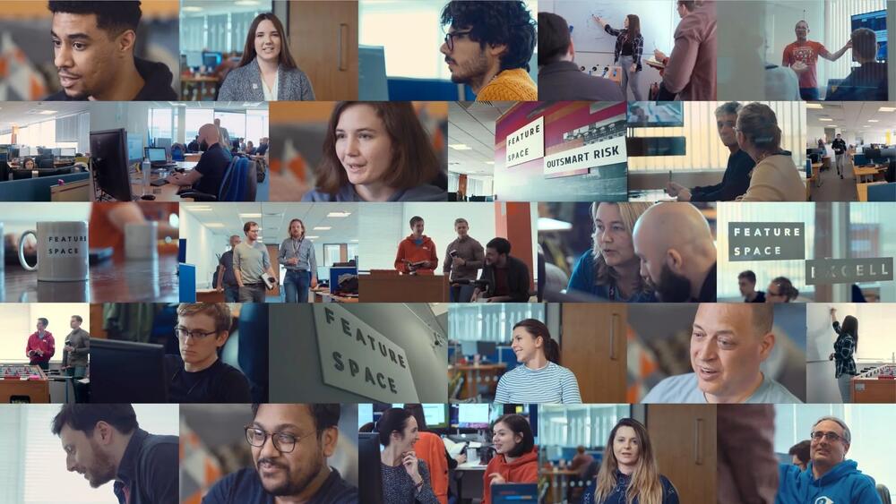 Collage of employees working, collaborating, and talking in Featurespace offices.