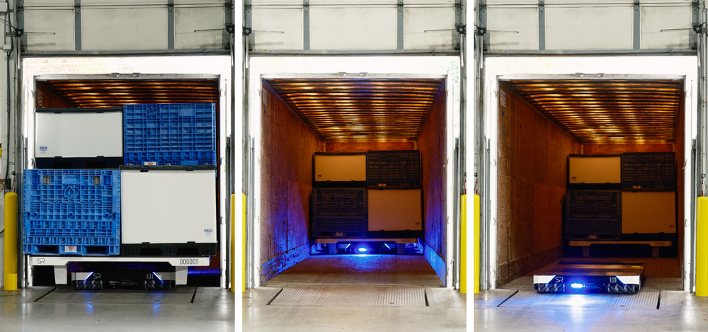 Three views shows a robot moving a loaded cargo tray into a truck trailer.