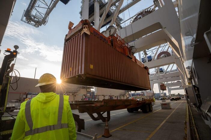 The container ship CMA CGM Marco Polo is loaded and unloaded at the Georgia Ports Authority's Port of Savannah Garden City Terminal.